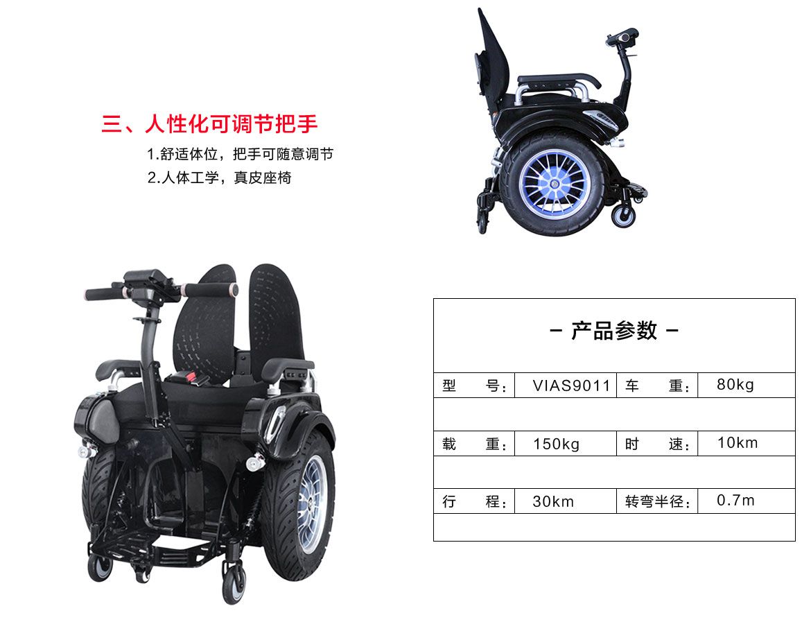 美國舒萊適智能電動<a href=http://www.lunyi8.cn target=_blank class=infotextkey>輪椅</a> VIA S9011參數(shù)：車重：80公斤；載重150公斤；時(shí)速：6KM/小時(shí)；續(xù)航30KM；轉(zhuǎn)彎半徑0.7M